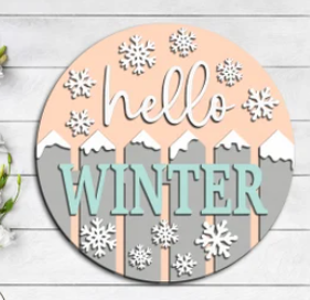 Hello Winter Snowy Fence Door Sign