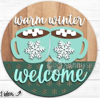 Warm Winter Welcome Mugs Door Sign