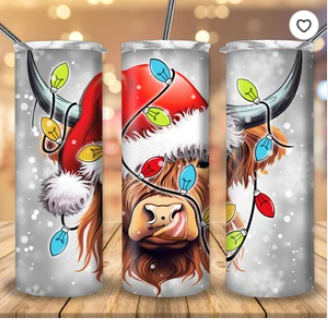 Highland Cow Santa Hat Christmas Lights 20oz Tumbler